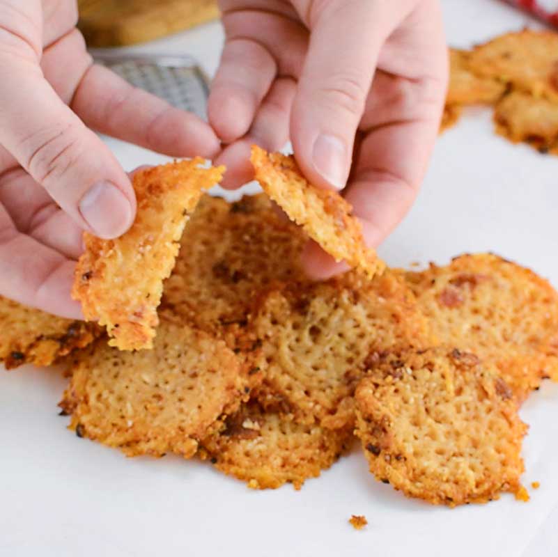 Keto Bacon Parmesan Chips on a white table