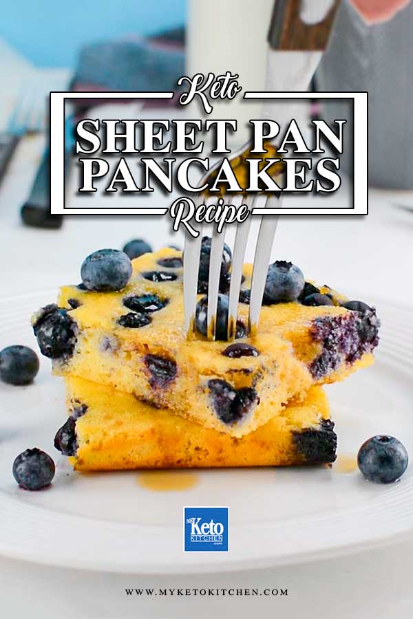 Keto Sheet Pan Pancakes with blueberries on a white plate