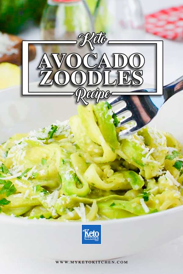 Zoodles wtih Avocado sauce in a white bowl