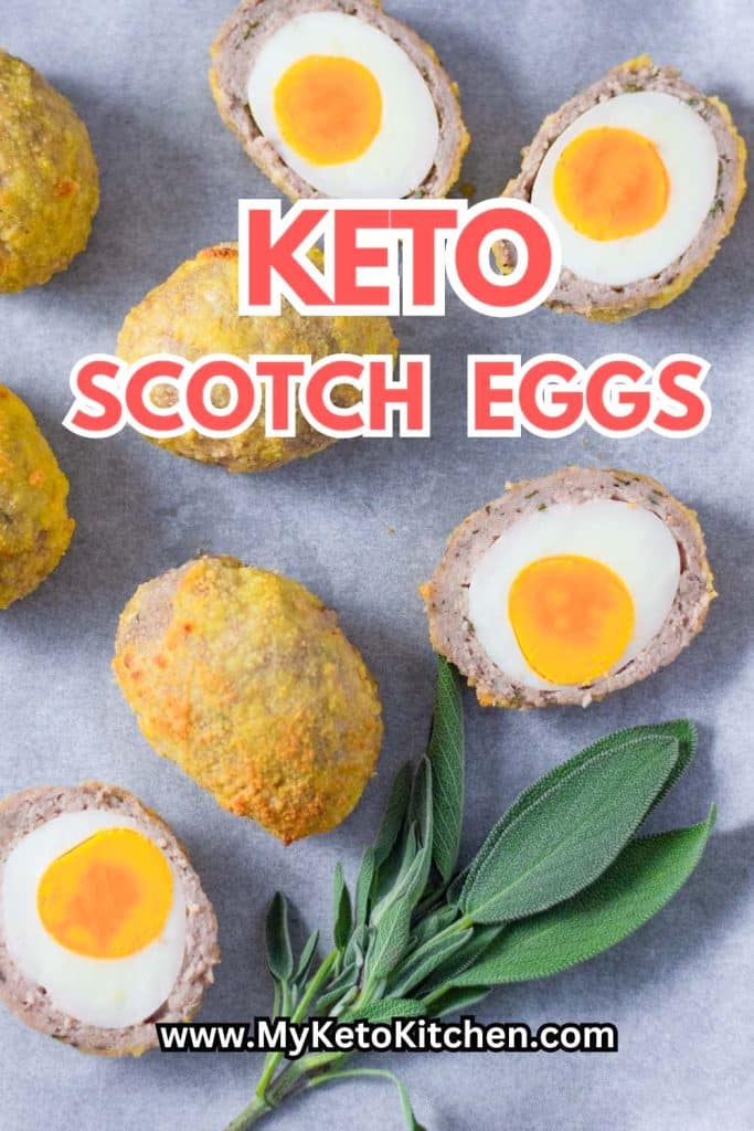 Keto scotch eggs on a baking tray.