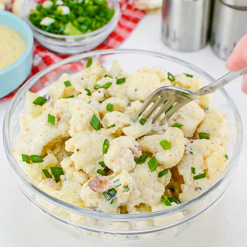 Keto Cauliflower "Potato" Salad in a glass bowl