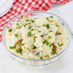 Keto Cauliflower "Potato" Salad in a glass bowl