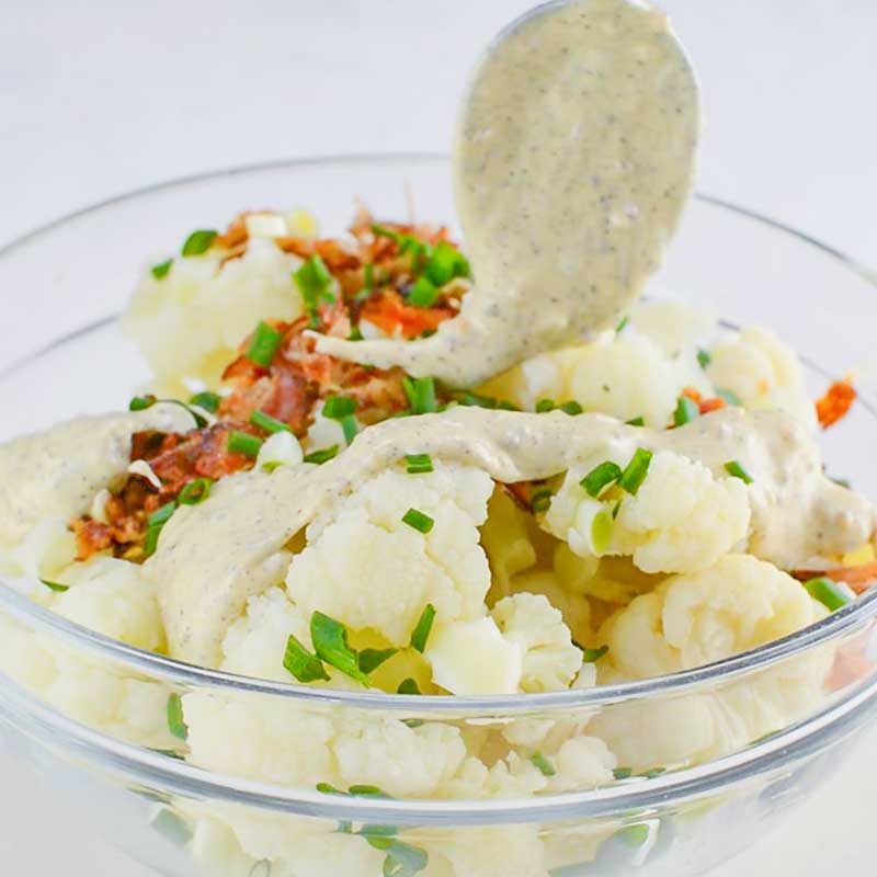 Keto Cauliflower Salad Ingredients in a glass bowl