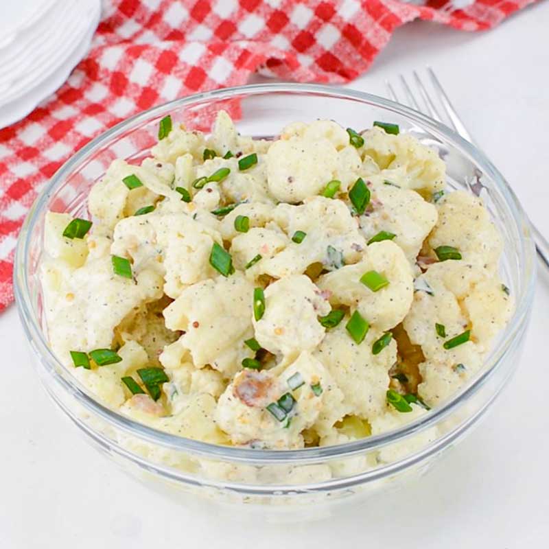 Keto Cauliflower "Potato" Salad in a glass bowl