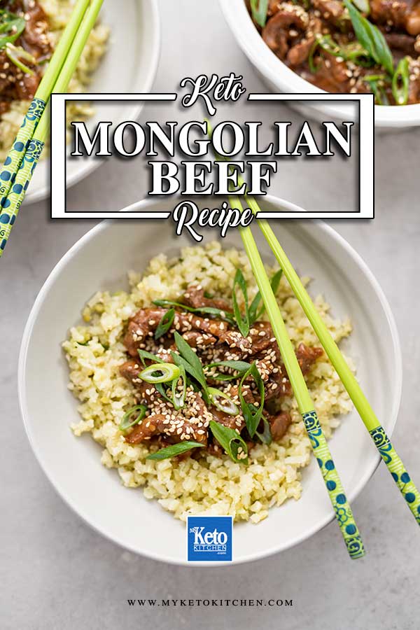 Keto Mongolian Beef in bowl with cauliflower rice