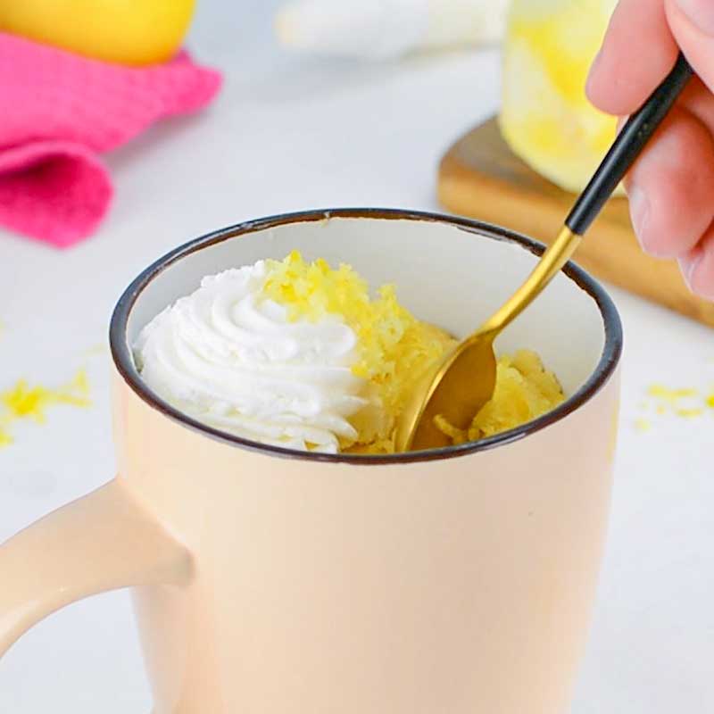 Keto Lemon Mug Cake in a pink mug
