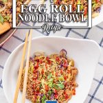Keto Egg Roll Noodle Bowl in a white bowl on a checked cloth