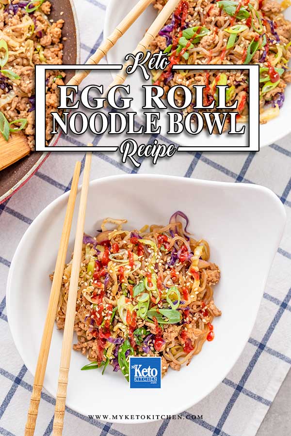 Keto Egg Roll Noodle Bowl in a white bowl on a checked cloth