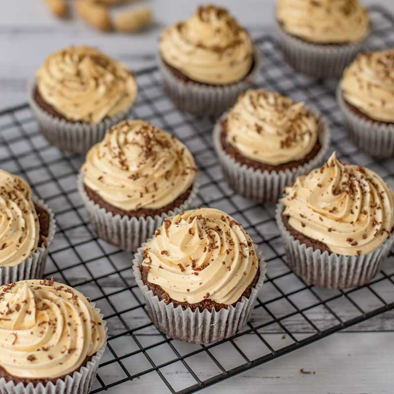 Keto Chocolate Peanut Butter Cupcakes on a cooling rack