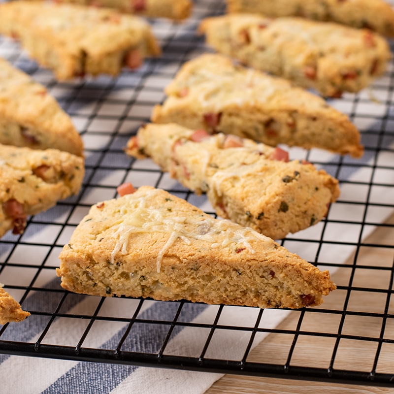 Keto Ham and Cheddar Cheese Scones on a cooling rack