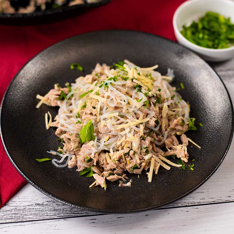 Keto Tuna Spaghetti on a black plate