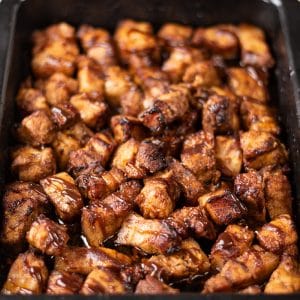 Keto BBQ Pork Belly Bites in a roasting tray
