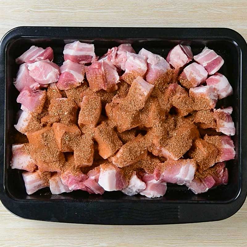 Keto BBQ Pork Bites Ingredients in a roasting pan
