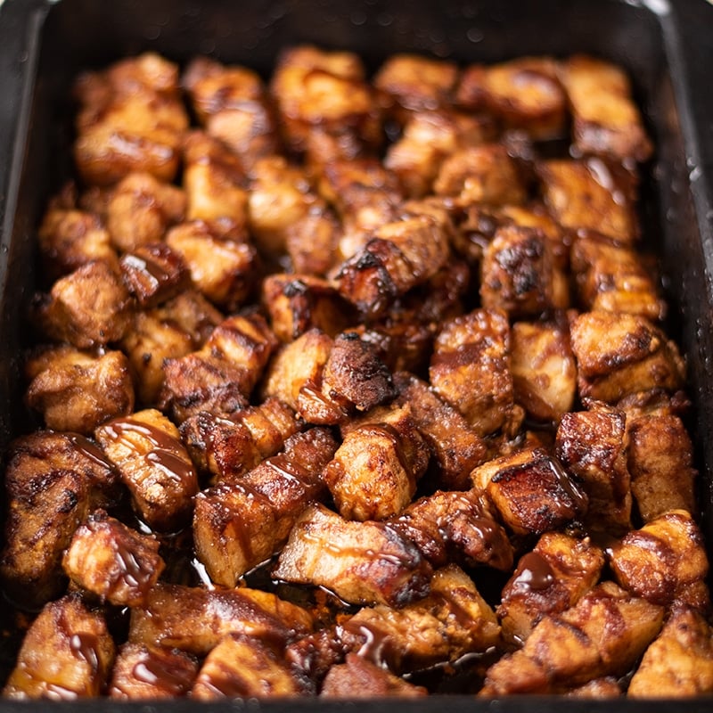 BBQ Pork Belly Bites in a roasting tray
