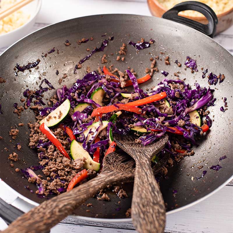 Keto Beef and Vegetable Stir Fry in a wok