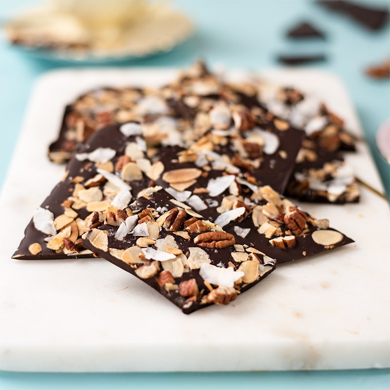 Keto Chocolate Sea Salt Bark on a marble platter