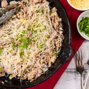 Keto Tuna Spaghetti in a cast iron skillet