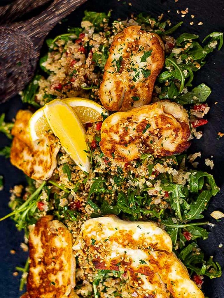 Delicious Keto Halloumi Salad with Cauliflower Couscous.