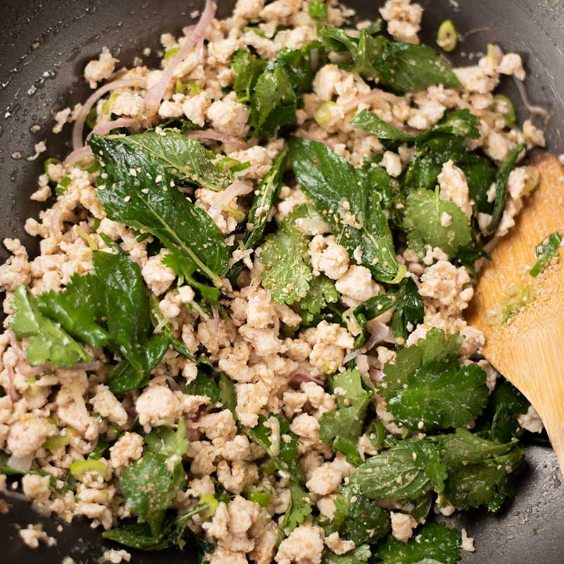 Keto Thai Chicken Larb in a wok