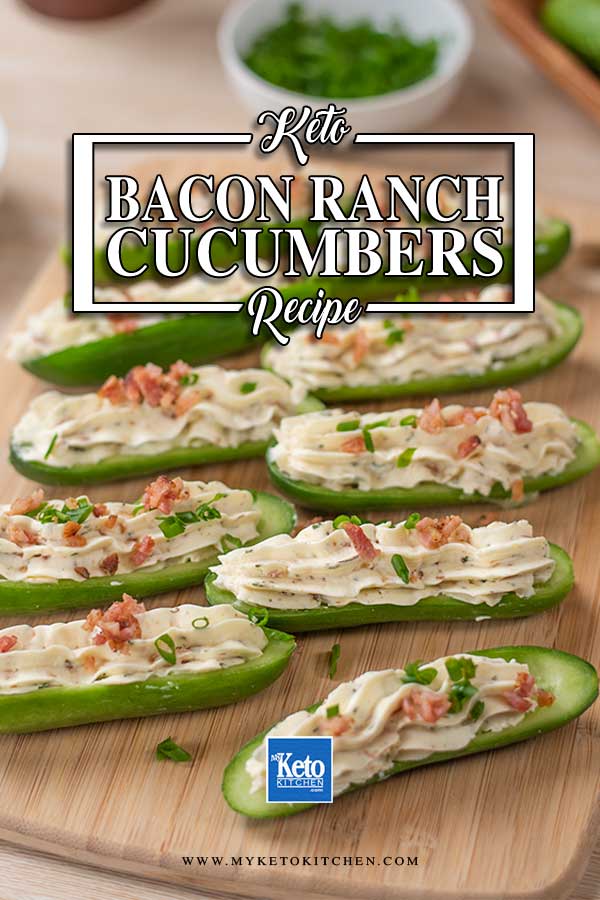 Low Carb Bacon Ranch Stuffed Cucumbers on a platter