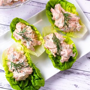 Salmon lettuce wraps on a plate.