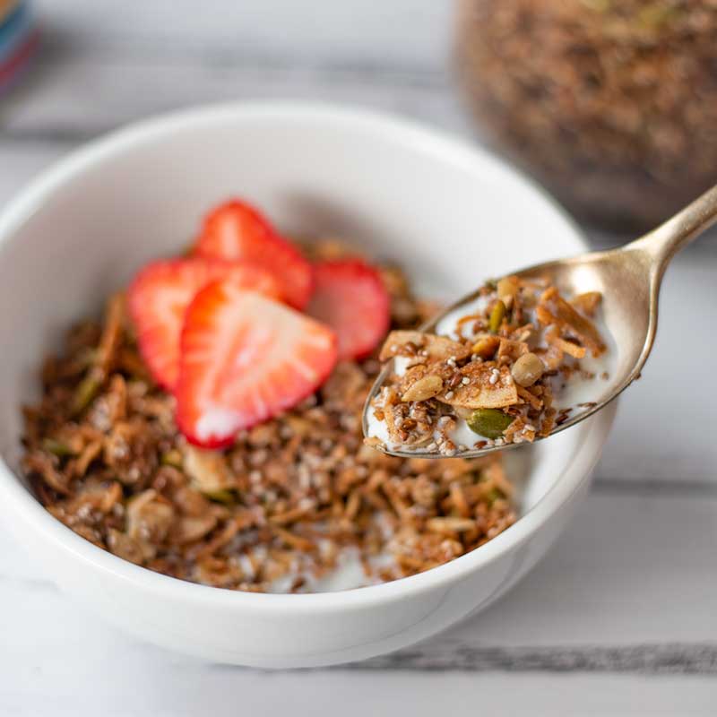 Keto Cinnamon Cereal Ingredients in a bowl with almond milk