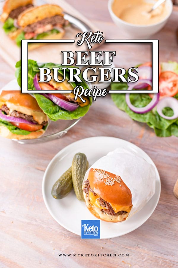 Keto Cheeseburgers sitting on a wooden table