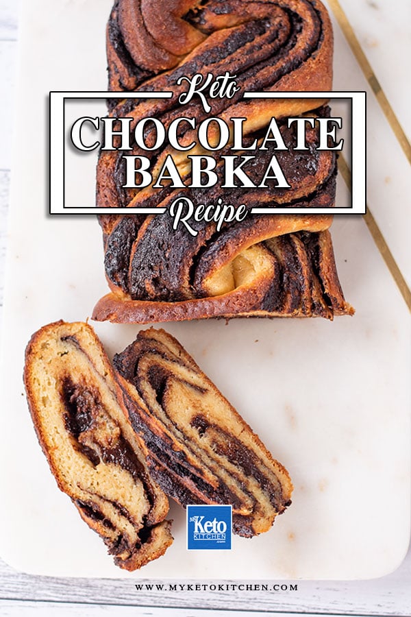 Keto Chocolate Babka with 2 slices cut off and placed to the left side
