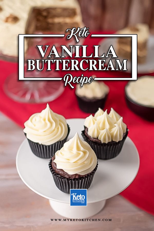 Keto Vanilla Buttercream piped onto chocolate cupcakes.
