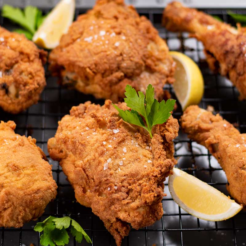 Keto Spicy Fried Chicken on a tray.