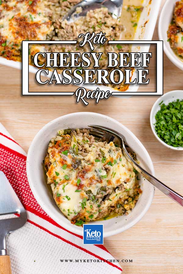 Keto Cheesy Ground Beef Casserole in a bowl with the casserole dosh in the background.