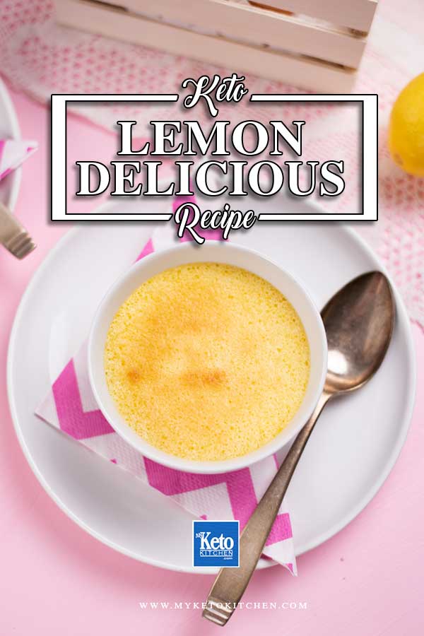 Keto Lemon Delicious in a white ramekin on a plate with a pink napkin.