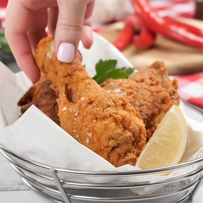 Keto Spicy Fried Chicken in a basket.