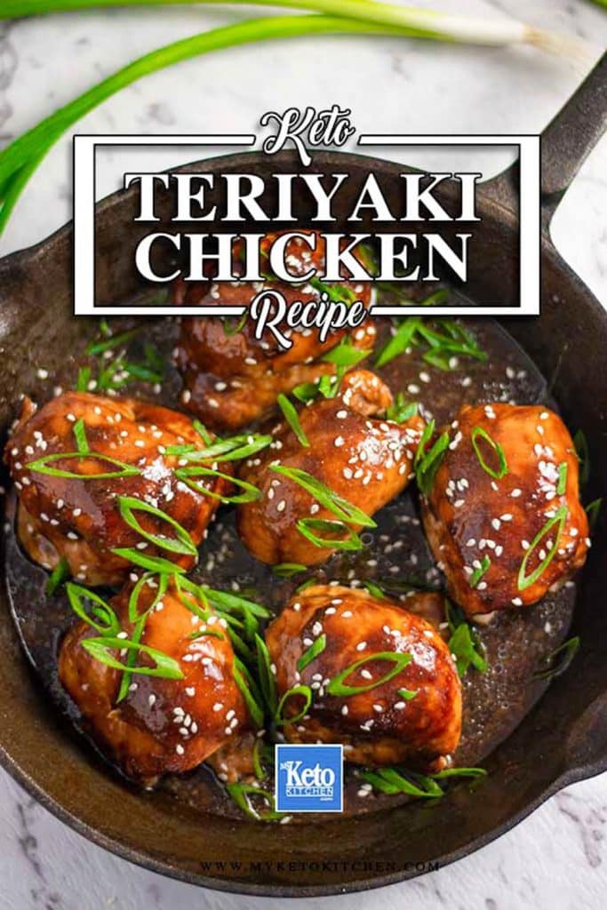 Keto teriyaki chicken in a cast iron pan.