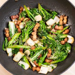 Keto Pork Belly Stir Fry in black wok.