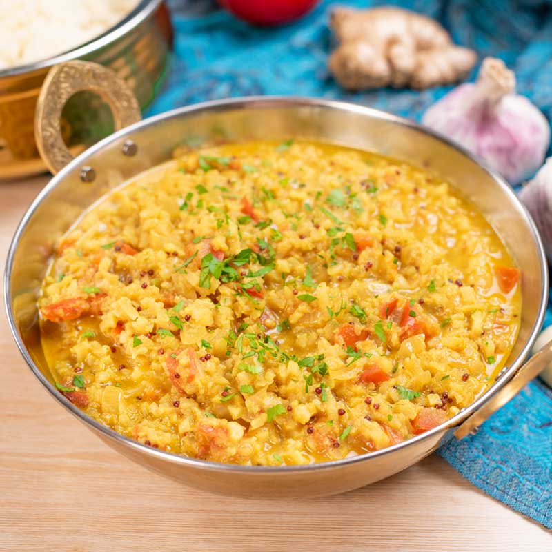 Keto Cauliflower Dal in a metal bowl.