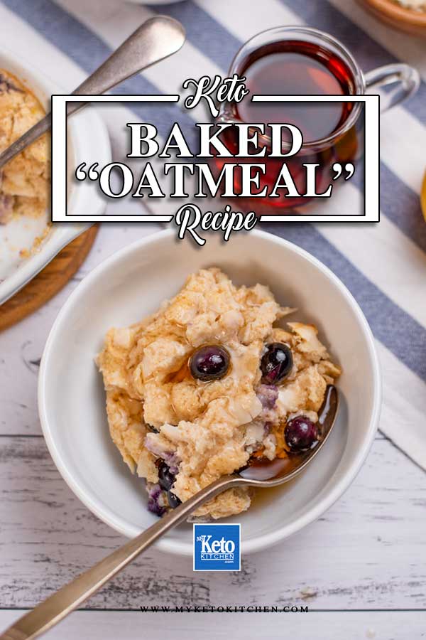 Keto Blueberry Baked Oatmeal in a bowl smothered in sugar-free maple syrup.