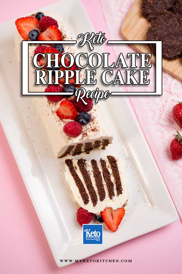 Keto Chocolate Ripple Cake with a slice cut off.