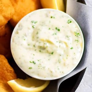 Keto tartar sauce in a serving bowl.