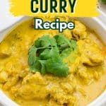 Keto chicken curry in a bowl with text saying, "keto chicken curry."