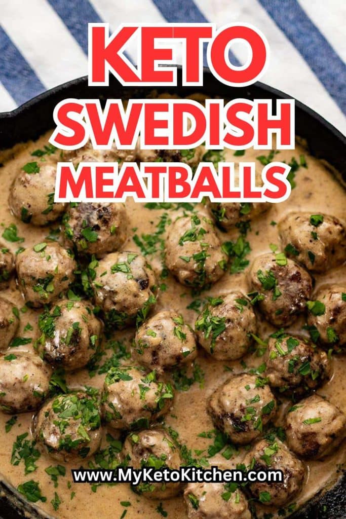 Keto Swedish meatballs in a cast iron skillet.