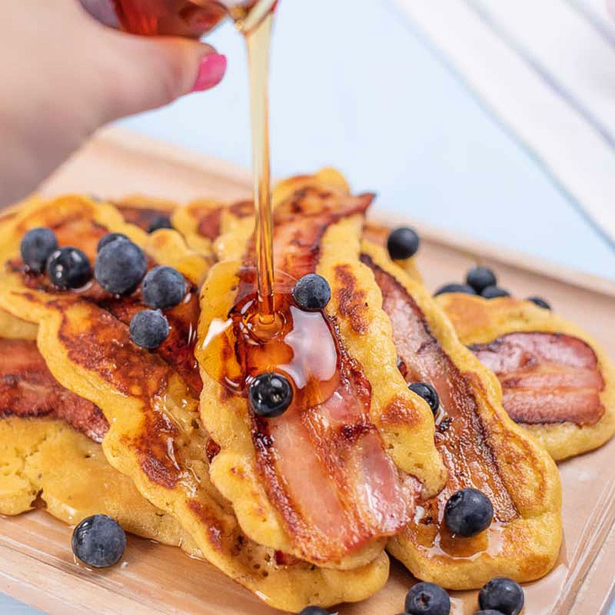 Keto bacon pancakes with sugar free maple syrup.