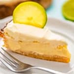 Slice of keto key lime pie on a plate.