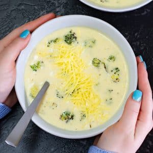 Keto broccoli cheddar cheese soup in a bowl.