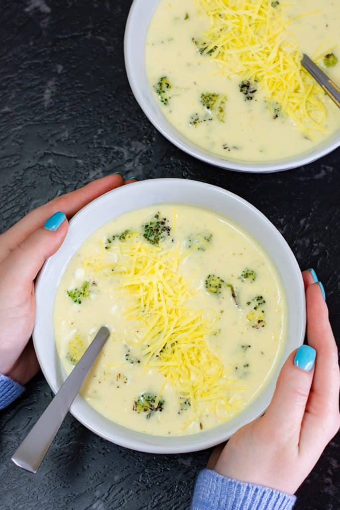 Keto broccoli cheddar cheese soup in a bowl.