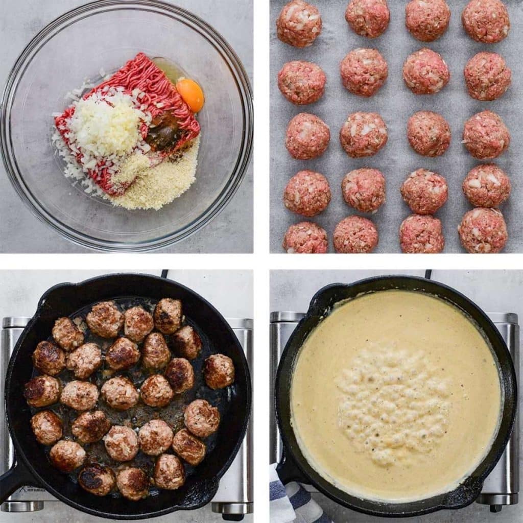 Four images of the process for making keto Swedish meatballs.