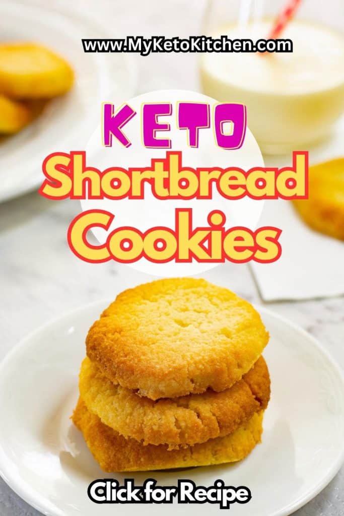 Three keto shortbread cookies stacked on top of one another.