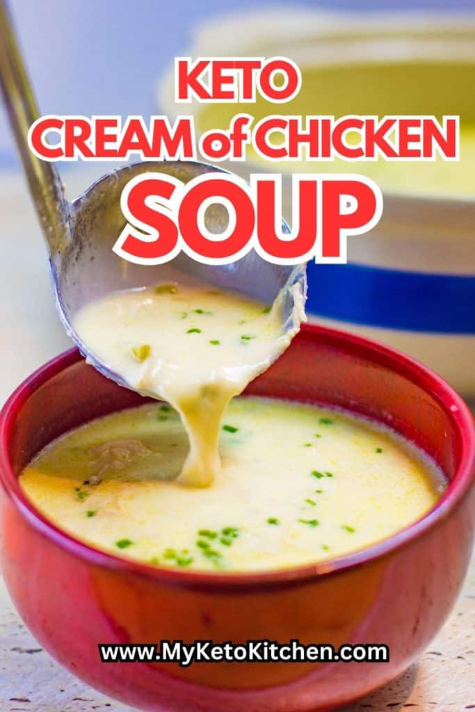 Keto cream of chicken soup being poured into a red soup bowl with a ladle.