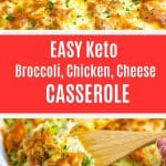 Two images of keto chicken broccoli and cheese casserole with text saying, "Easy keto broccoli, chicken, cheese casserole."