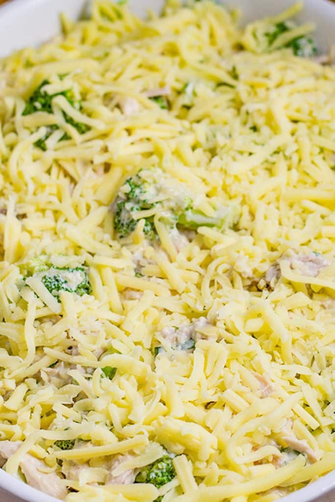 Cheese and broccoli in a baking dish.